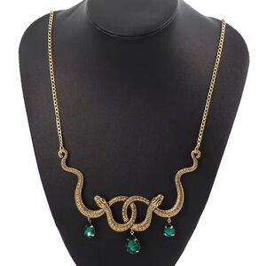 Vintage Gold Serpent Snake Necklace with Green Accents